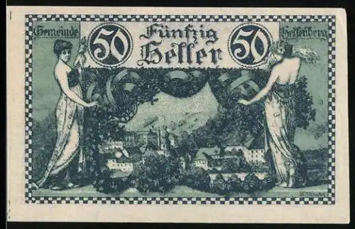 Notgeld Helfenberg 1920, 50 Heller, Frauenfiguren mit Landschaftsszene und Eichenlaubmuster