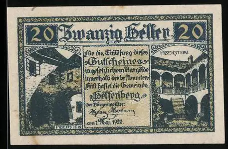 Notgeld Helfenberg 1920, 20 Heller, Burgansicht und Inschrift