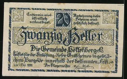 Notgeld Helfenberg 1920, 20 Heller, Burgansicht und Inschrift