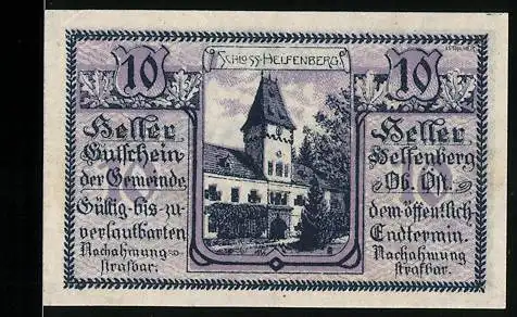 Notgeld Helfenberg 1922, 10 Heller, Schloss Heiligenberg, lila Verzierungen