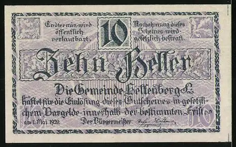 Notgeld Helfenberg 1922, 10 Heller, Schloss Heiligenberg, lila Verzierungen