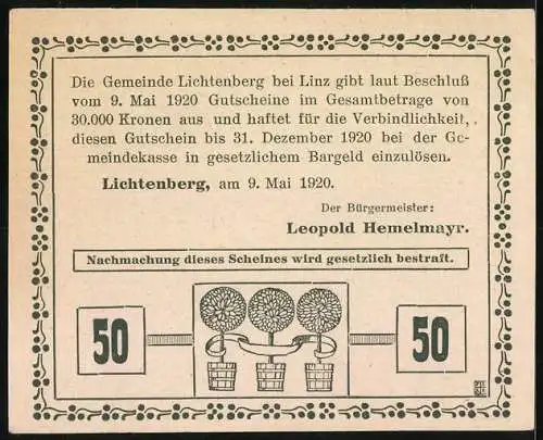 Notgeld Lichtenberg 1920, 50 Heller, Pfarrkirche Pöstlingberg und Gasthaus, drei Bäumchen im Korb