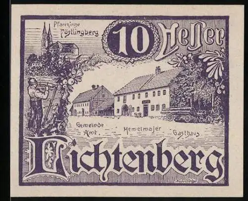 Notgeld Lichtenberg 1920, 10 Heller, Pfarrkirche Pöstlingberg und Gasthaus-Motiv