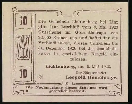 Notgeld Lichtenberg 1920, 10 Heller, Pfarrkirche Pöstlingberg und Gasthaus-Motiv