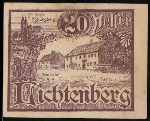 Notgeld Lichtenberg 1920, 20 Heller, Pfarrkirche und Gasthaus-Motiv