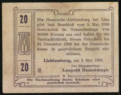 Notgeld Lichtenberg 1920, 20 Heller, Pfarrkirche und Gasthaus-Motiv