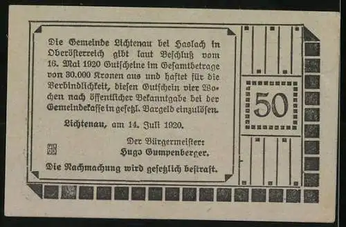 Notgeld Lichtenau 1920, 50 Heller, Schloss Lichtenau Motiv