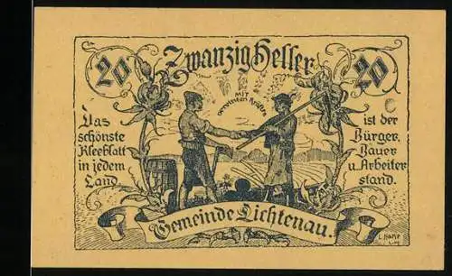 Notgeld Lichtenau 1920, 20 Heller, Arbeiter und Bauer Händeschütteln, Text über Gemeindeausgabe