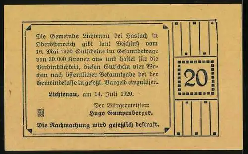 Notgeld Lichtenau 1920, 20 Heller, Arbeiter und Bauer Händeschütteln, Text über Gemeindeausgabe