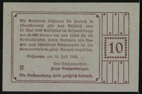 Notgeld Lichtenau 1920, 10 Heller, Wappen und florales Motiv