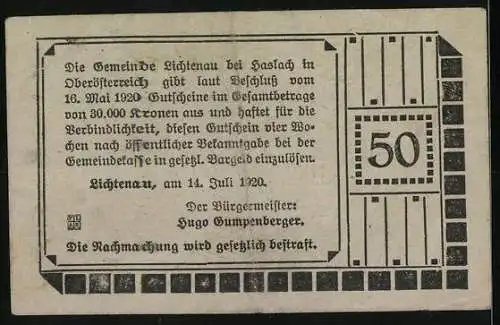 Notgeld Lichtenau 1920, 50 Heller, Schloss Lichtenau Darstellung