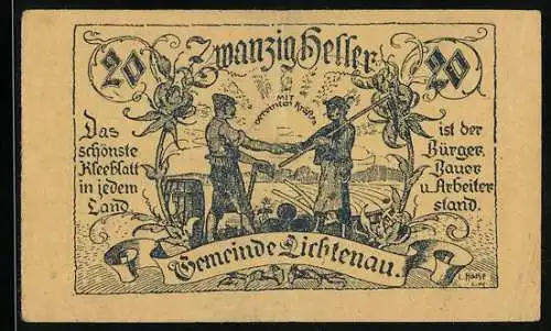 Notgeld Lichtenau 1920, 20 Heller, Bauernhandshake mit Pflanzenornamenten