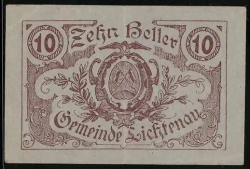 Notgeld Lichtenau 1920, 10 Heller, Wappen und florales Muster, Gemeindebeschluss-Textelemente