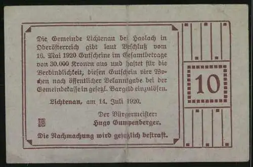 Notgeld Lichtenau 1920, 10 Heller, Wappen und florales Muster, Gemeindebeschluss-Textelemente