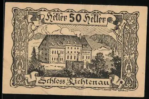 Notgeld Lichtenau 1920, 50 Heller, Schloss Lichtenau, Gemeindebeschluss und Sicherheitsmuster