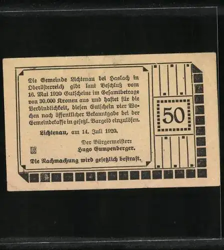 Notgeld Lichtenau 1920, 50 Heller, Schloss Lichtenau, Gemeindebeschluss und Sicherheitsmuster