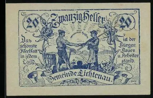 Notgeld Lichtenau 1920, 20 Heller, Begegnung von Bürger und Arbeiter, Textauszug und 20er-Rahmen