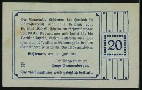 Notgeld Lichtenau 1920, 20 Heller, Begegnung von Bürger und Arbeiter, Textauszug und 20er-Rahmen