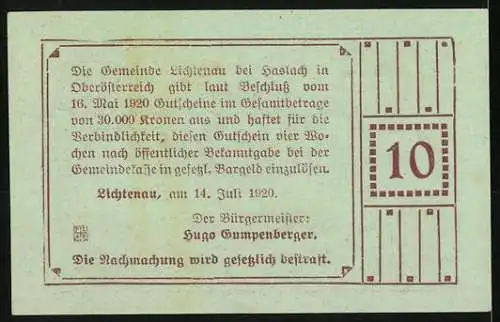 Notgeld Lichtenau 1920, 10 Heller, Wappen und florale Ornamente