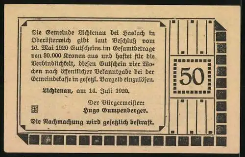 Notgeld Lichtenau 1920, 50 Heller, Schloss Lichtenau-Motiv