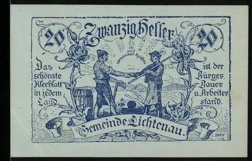 Notgeld Lichtenau 1920, 20 Heller, Eintracht zwischen Bürger und Bauer, Text über Ausgabeanordnung