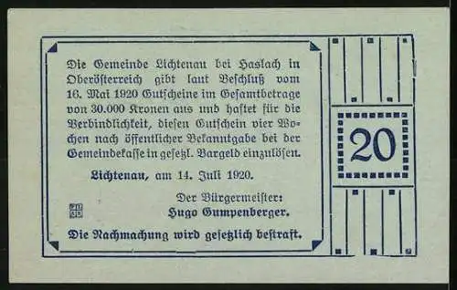 Notgeld Lichtenau 1920, 20 Heller, Eintracht zwischen Bürger und Bauer, Text über Ausgabeanordnung