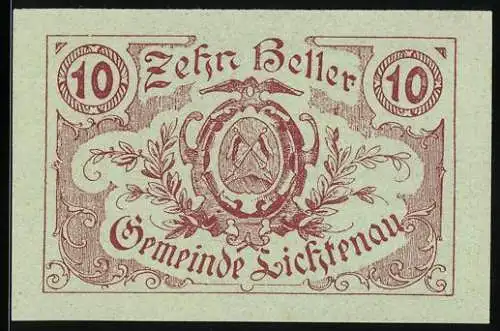 Notgeld Lichtenau 1920, 10 Heller, Wappen mit Laubwerk und Textfeld