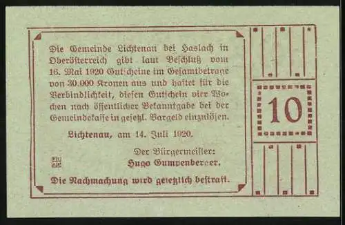 Notgeld Lichtenau 1920, 10 Heller, Wappen mit Laubwerk und Textfeld