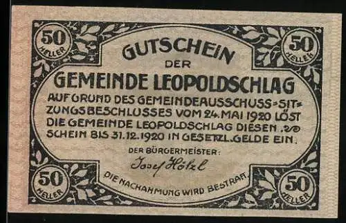 Notgeld Leopoldschlag 1920, 50 Heller, Landschaft mit Kirche und Dorfansicht