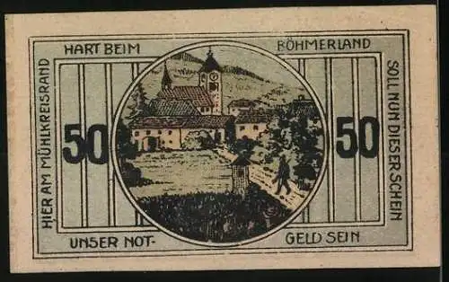 Notgeld Leopoldschlag 1920, 50 Heller, Landschaft mit Kirche und Dorfansicht