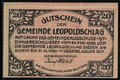 Notgeld Leopoldschlag 1920, 20 Heller, floral Rahmen, Wappen mit Baum und Bär