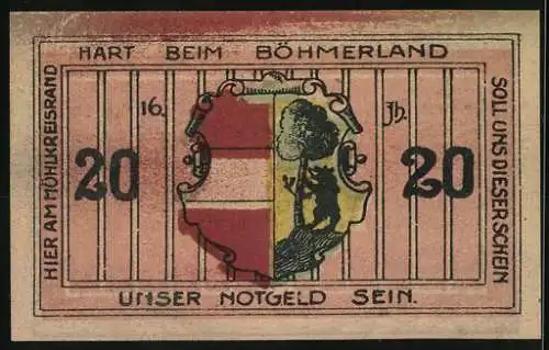 Notgeld Leopoldschlag 1920, 20 Heller, floral Rahmen, Wappen mit Baum und Bär