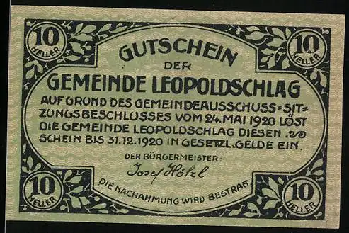 Notgeld Leopoldschlag 1920, 10 Heller, Pranger-Motiv, dekorativer Rahmen