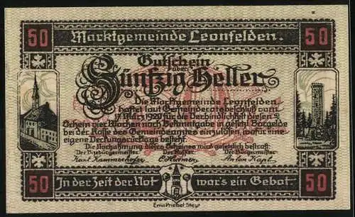 Notgeld Leonfelden 1920, 50 Heller, Stadtansicht von Alt-Leonfelden 1776, Kirche und Turm