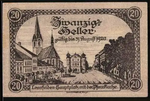 Notgeld Leonfelden 1920, 20 Heller, Hauptplatz mit Pfarrkirche, Wappen