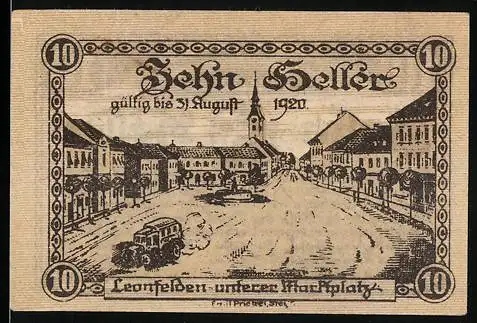 Notgeld Leonfelden 1920, 10 Heller, Marktplatz-Szene, Wappen und Gültigkeitstext