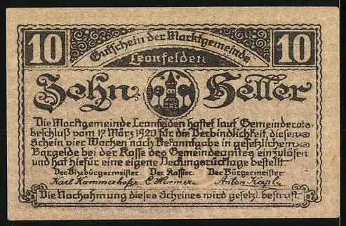 Notgeld Leonfelden 1920, 10 Heller, Marktplatz-Szene, Wappen und Gültigkeitstext