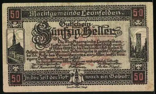 Notgeld Leonfelden 1920, 50 Heller, Stadtansicht von 1776, Kirche und Turm, gültig bis 31. August 1920