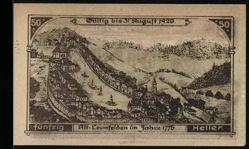 Notgeld Leonfelden 1920, 50 Heller, Stadtansicht Alt-Leonfelden 1776, Markgemeinde-Emblem und Gebäudeabbildungen