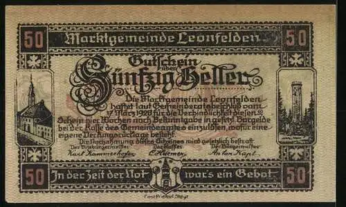 Notgeld Leonfelden 1920, 50 Heller, Stadtansicht Alt-Leonfelden 1776, Markgemeinde-Emblem und Gebäudeabbildungen