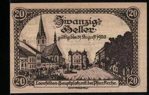 Notgeld Leonfelden 1920, 20 Heller, Hauptplatz mit Pfarrkirche, Wappen der Marktgemeinde