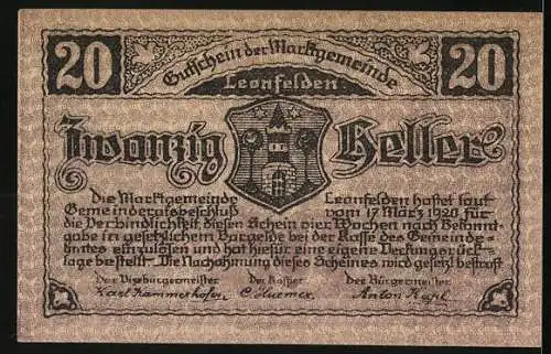 Notgeld Leonfelden 1920, 20 Heller, Hauptplatz mit Pfarrkirche, Wappen der Marktgemeinde