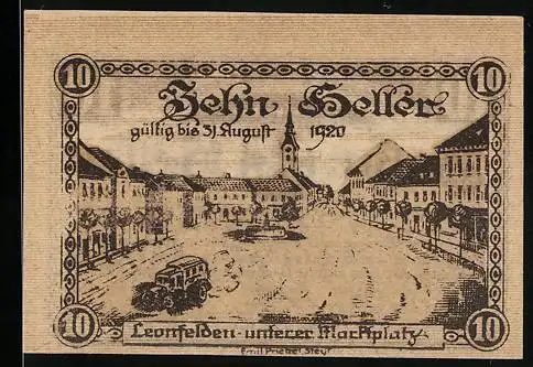 Notgeld Leonfelden 1920, 10 Heller, Marktplatzszene und Gemeindewappen