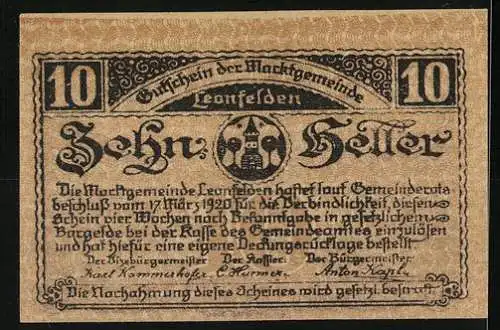 Notgeld Leonfelden 1920, 10 Heller, Marktplatzszene und Gemeindewappen