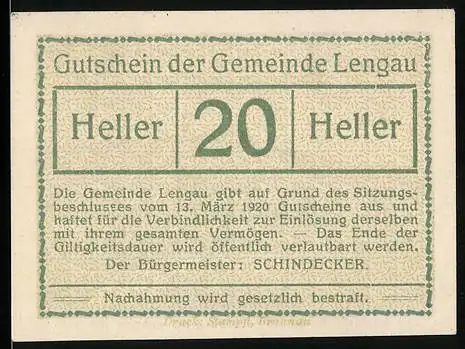 Notgeld Lengau 1920, 20 Heller, Schloss Freyburg und Wappen, Landschaftsansicht um 1700