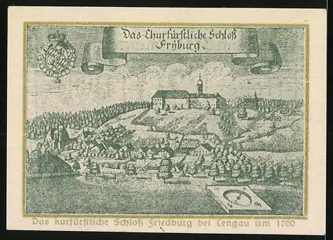 Notgeld Lengau 1920, 20 Heller, Schloss Freyburg und Wappen, Landschaftsansicht um 1700