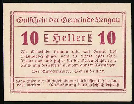 Notgeld Lengau 1920, 10 Heller, Schloss Freiberg und Wappen