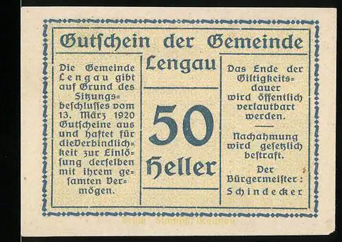 Notgeld Lengau 1920, 50 Heller, Schloss Friedburg und Wappen, Gutscheintext und Unterschrift Bürgermeister Schindecker