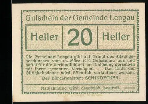 Notgeld Lengau 1920, 20 Heller, Schloss Freyburg mit Landschaft und Wappen