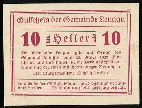 Notgeld Lengau 1920, 10 Heller, Schloss Fryburg und Landschaftsmotiv, Wappen